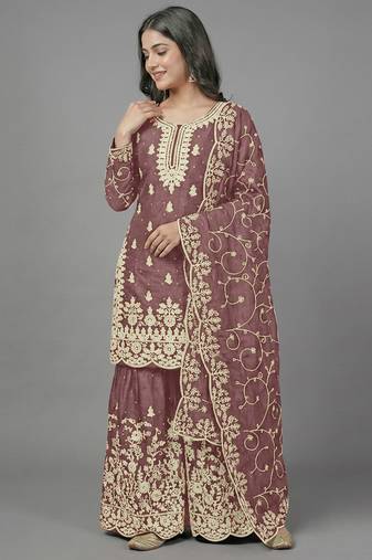 Womens new trendy pure gmy silk with heavy embroidery sequence work kurta set