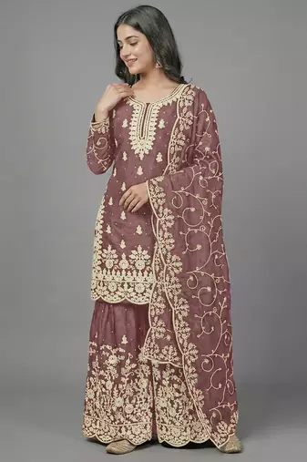 Womens new trendy pure gmy silk with heavy embroidery sequence work kurta set