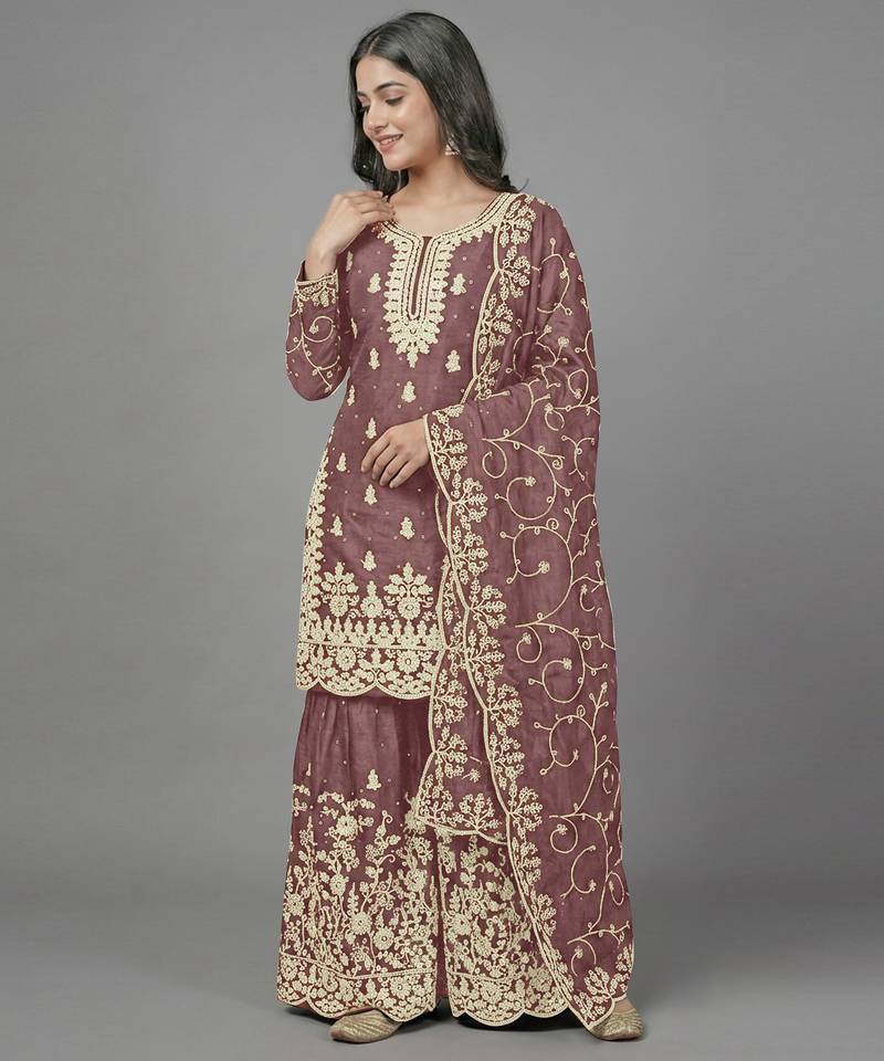 Womens new trendy pure gmy silk with heavy embroidery sequence work kurta set