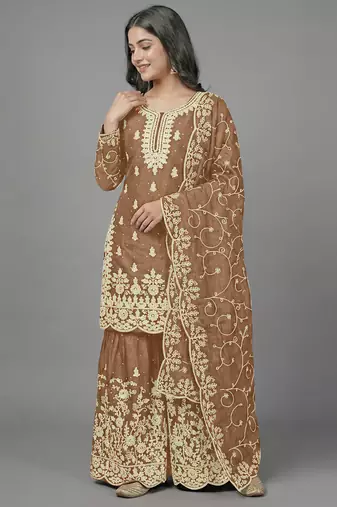 Womens new trendy pure gmy silk with heavy embroidery sequence work kurta set