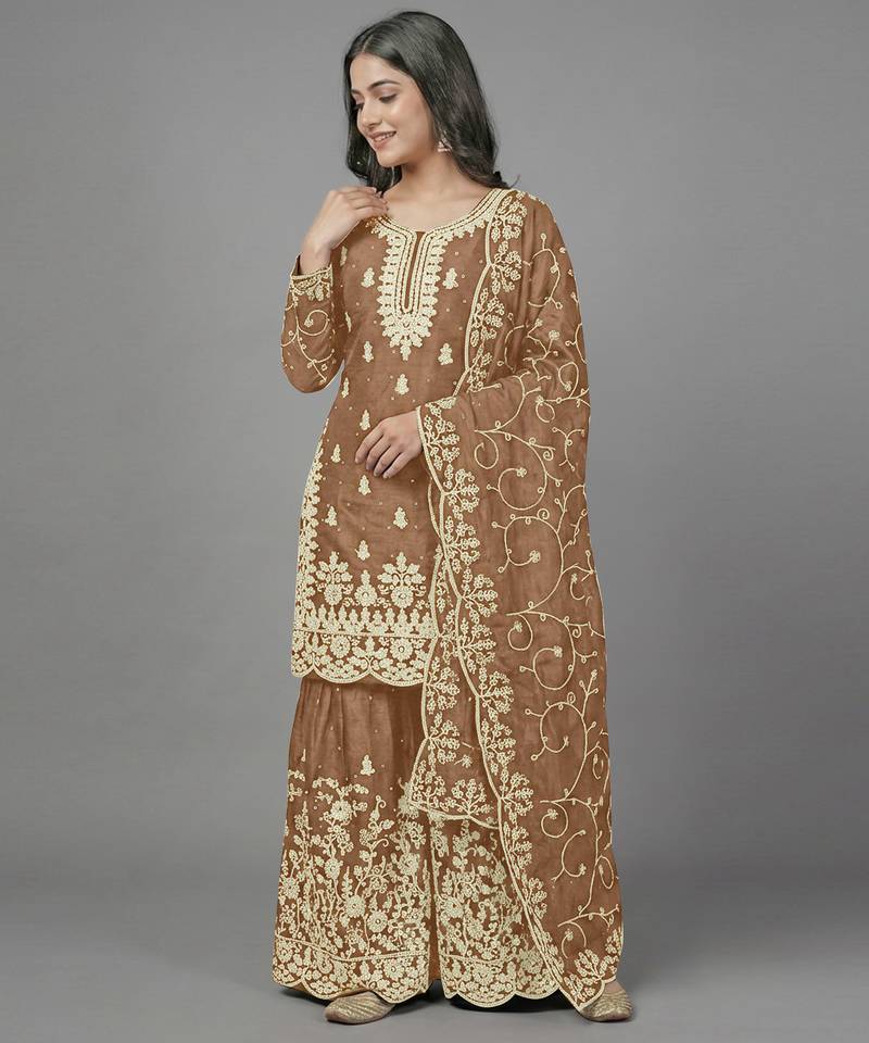 Womens new trendy pure gmy silk with heavy embroidery sequence work kurta set