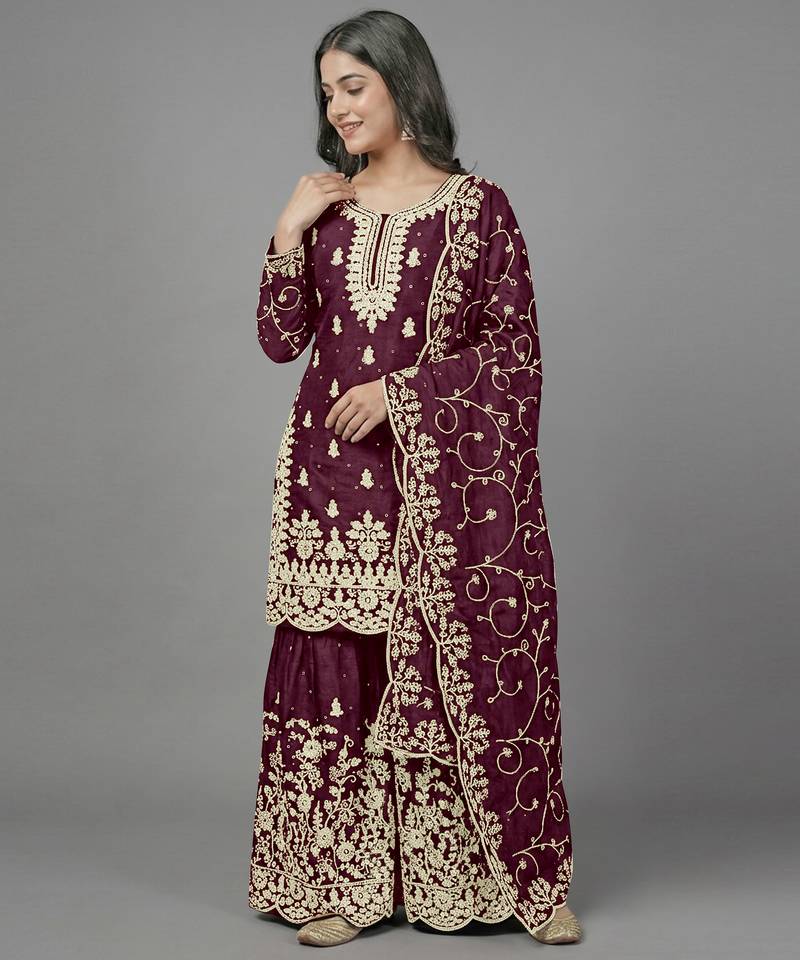 Womens new trendy pure gmy silk with heavy embroidery sequence work kurta set