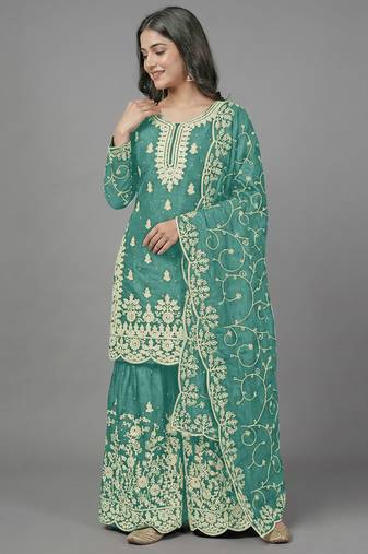 Womens new trendy pure gmy silk with heavy embroidery sequence work kurta set