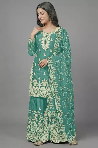 Womens new trendy pure gmy silk with heavy embroidery sequence work kurta set