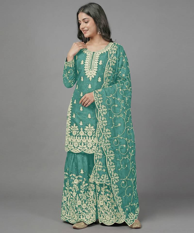 Womens new trendy pure gmy silk with heavy embroidery sequence work kurta set