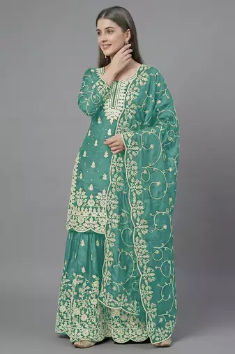 Womens pure gmy silk with heavy embroidery sequence work kurta set