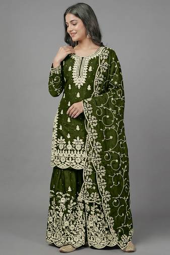 Womens new trendy pure gmy silk with heavy embroidery sequence work kurta set
