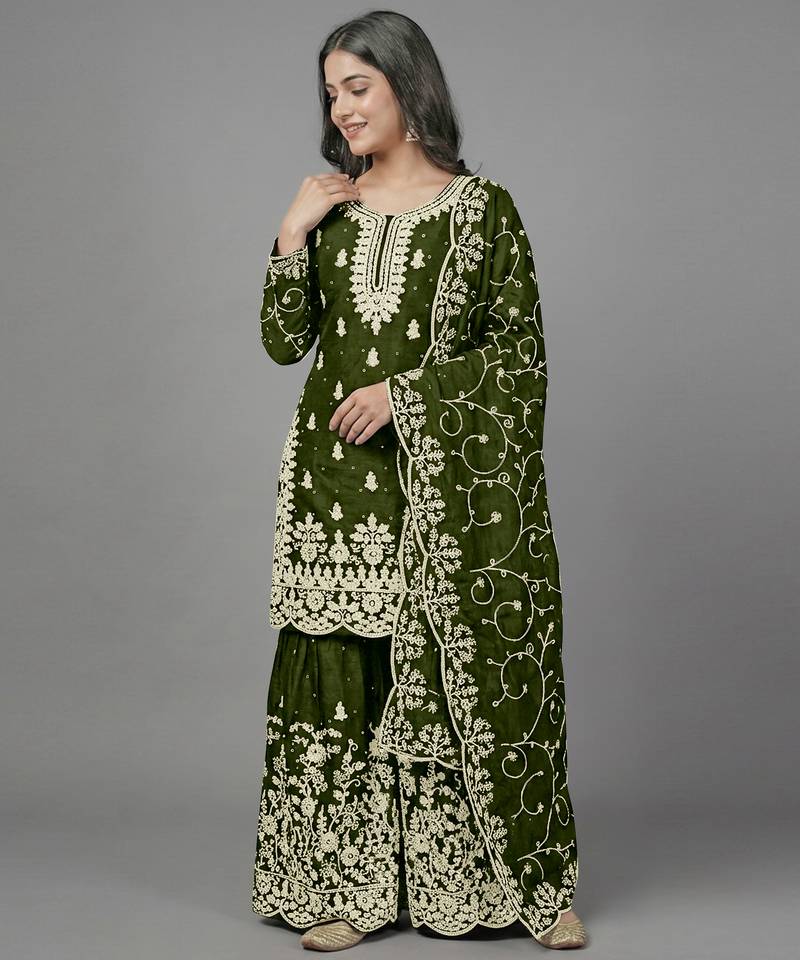 Womens new trendy pure gmy silk with heavy embroidery sequence work kurta set