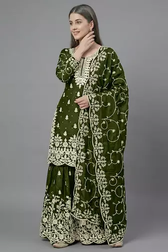 Womens pure gmy silk with heavy embroidery sequence work kurta set