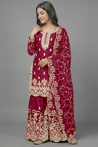 Womens new trendy pure gmy silk with heavy embroidery sequence work kurta set