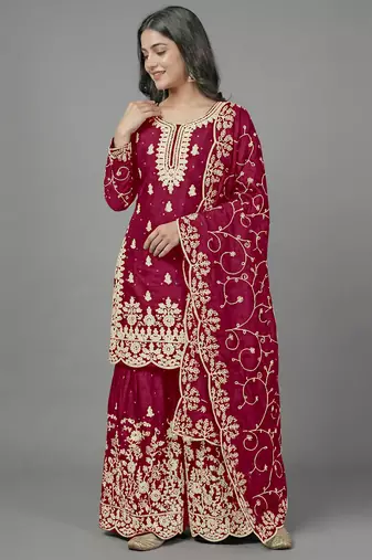 Womens new trendy pure gmy silk with heavy embroidery sequence work kurta set