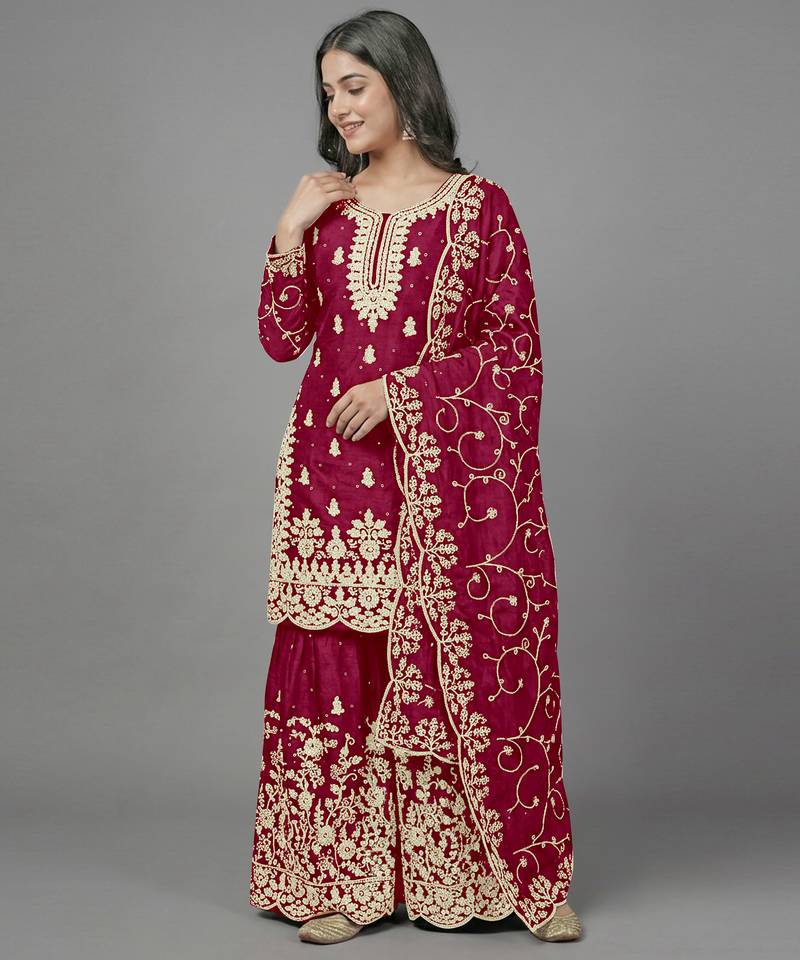 Womens new trendy pure gmy silk with heavy embroidery sequence work kurta set