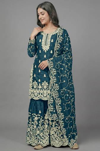 Womens new trendy pure gmy silk with heavy embroidery sequence work kurta set
