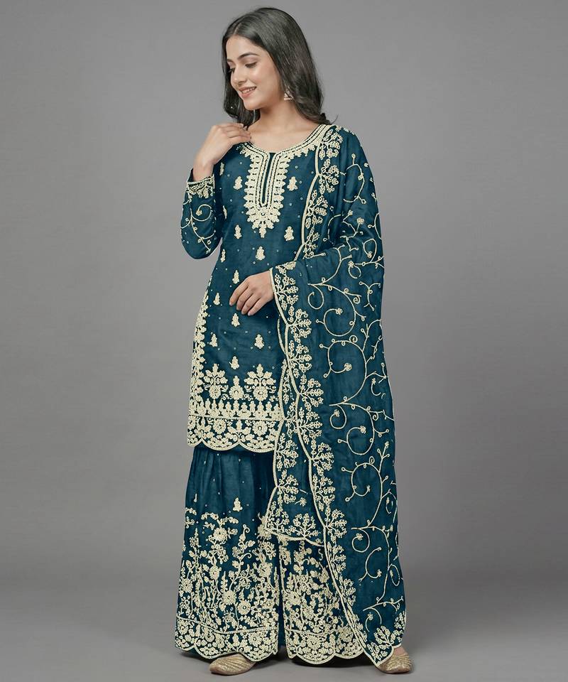 Womens new trendy pure gmy silk with heavy embroidery sequence work kurta set