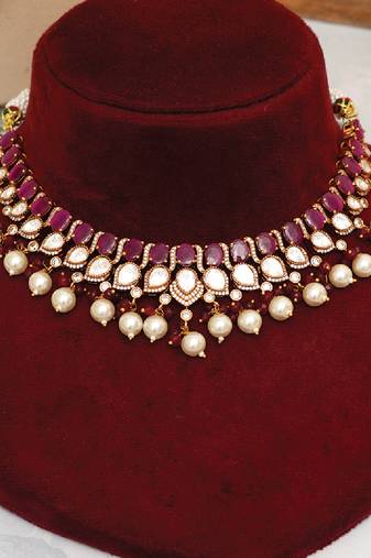 Gold plated maroon stones necklace set