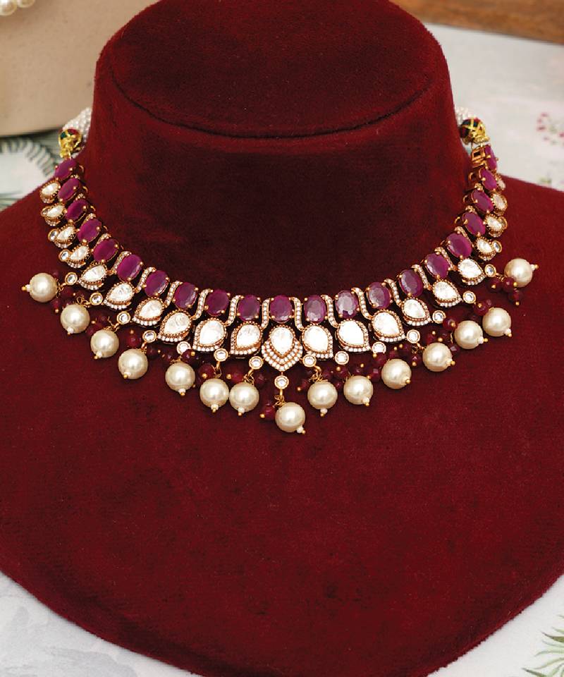 Gold plated maroon stones necklace set