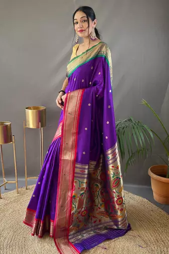 Purple paithani saree with unstitched blouse piece
