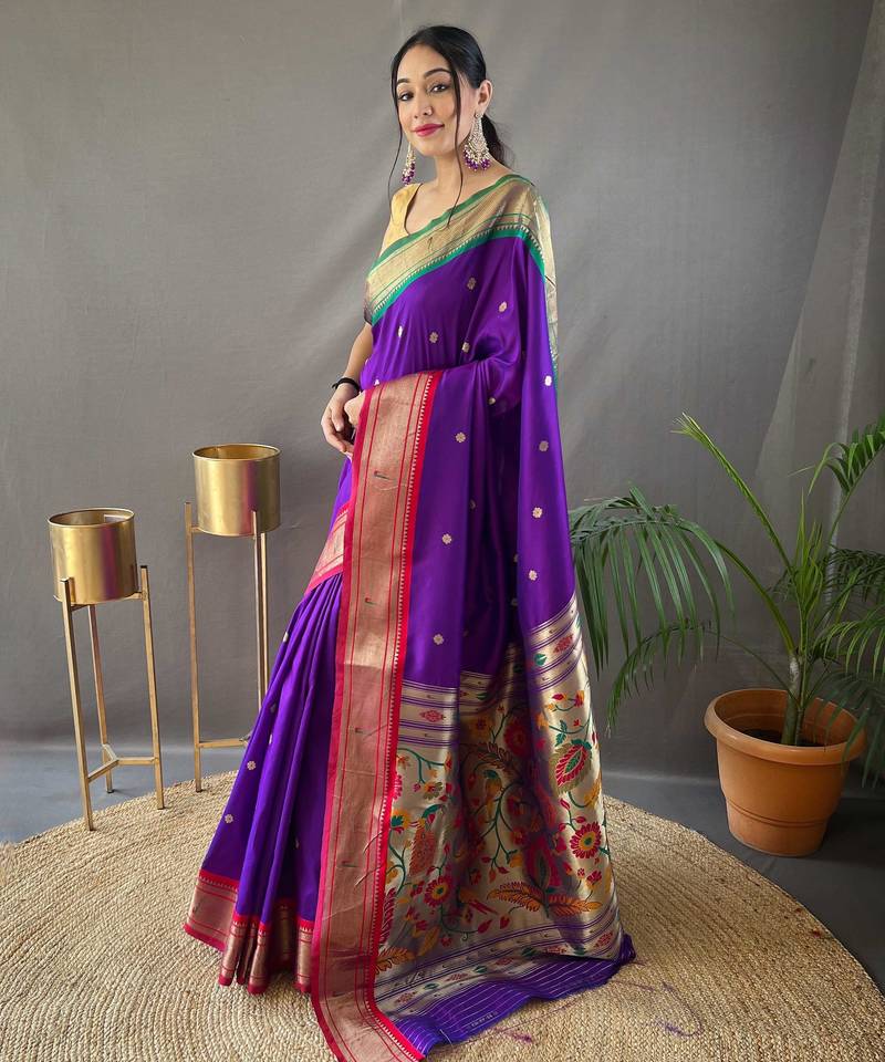 Purple paithani saree with unstitched blouse piece