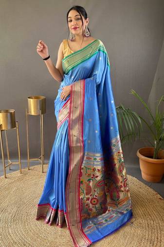 Sky blue paithani saree with unstitched blouse piece
