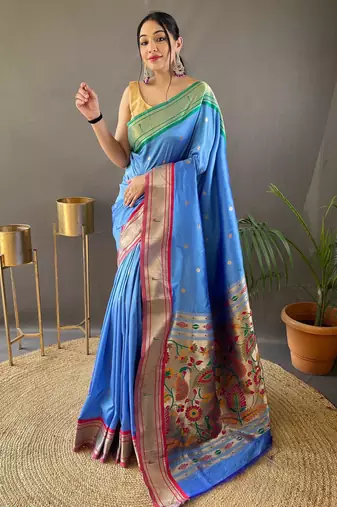 Sky blue paithani saree with unstitched blouse piece