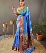 Sky blue paithani saree with unstitched blouse piece