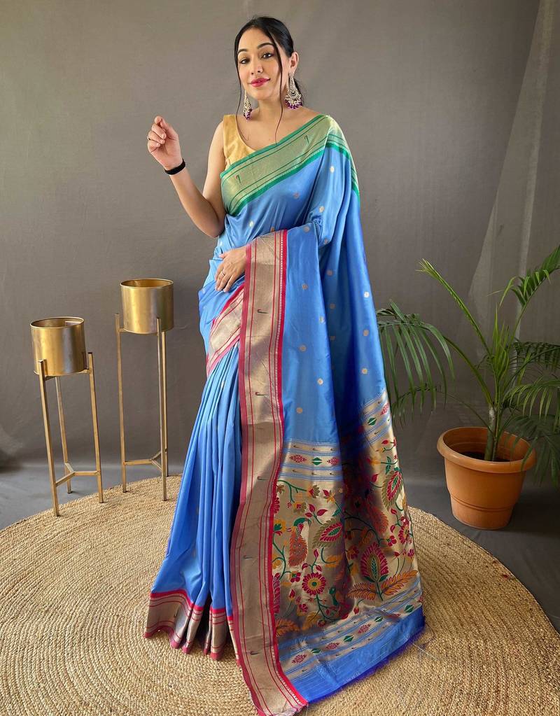 Sky blue paithani saree with unstitched blouse piece