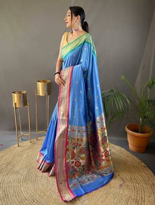 sky blue paithani saree unstitched blouse piece 2
