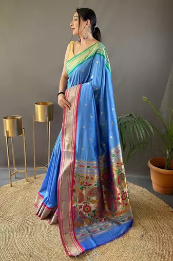 sky blue paithani saree unstitched blouse piece