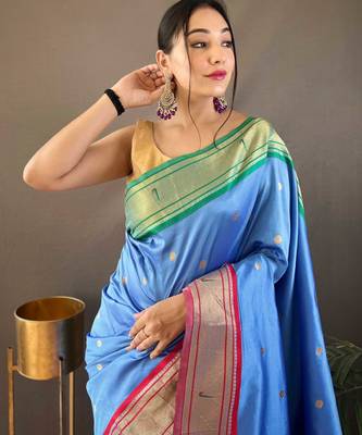 sky blue paithani saree unstitched blouse piece 3