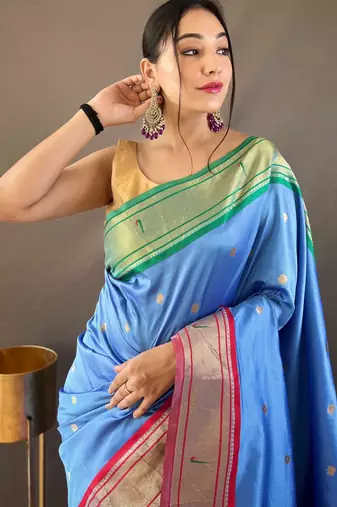 sky blue paithani saree unstitched blouse piece