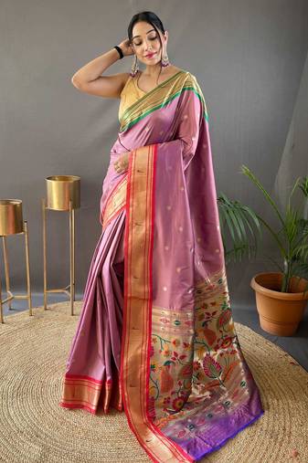 Peach paithani saree with unstitched blouse piece
