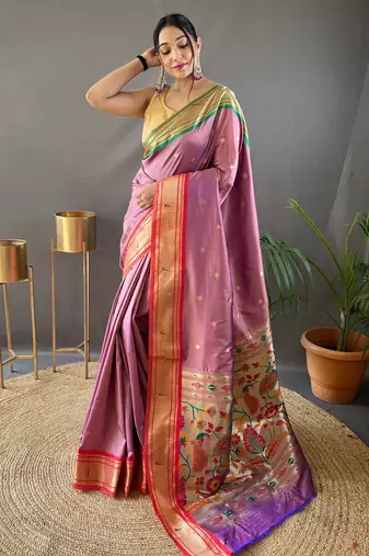 Peach paithani saree with unstitched blouse piece