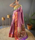 Peach paithani saree with unstitched blouse piece