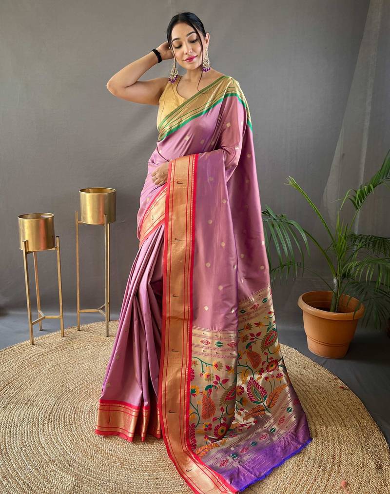 Peach paithani saree with unstitched blouse piece