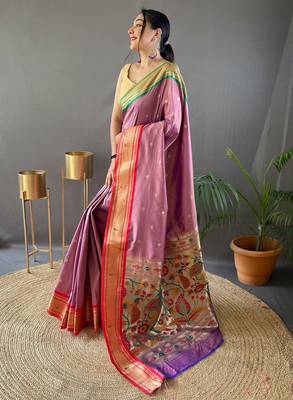 peach paithani saree unstitched blouse piece 2