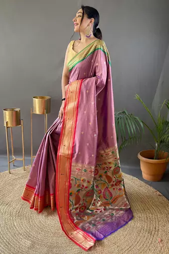 peach paithani saree unstitched blouse piece