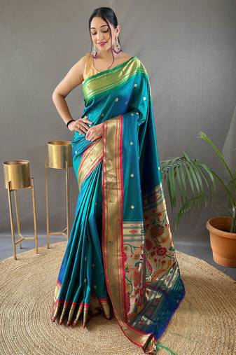 Teal paithani saree with unstitched blouse piece
