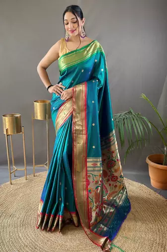 Teal paithani saree with unstitched blouse piece