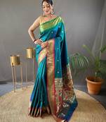 Teal paithani saree with unstitched blouse piece
