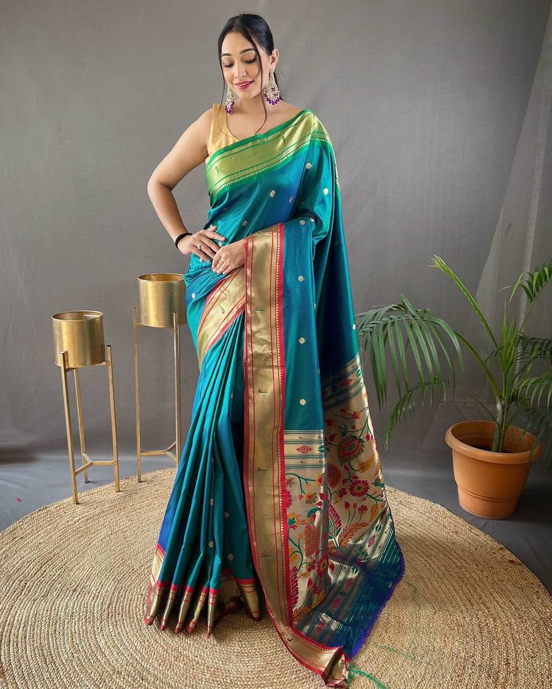 Teal paithani saree with unstitched blouse piece