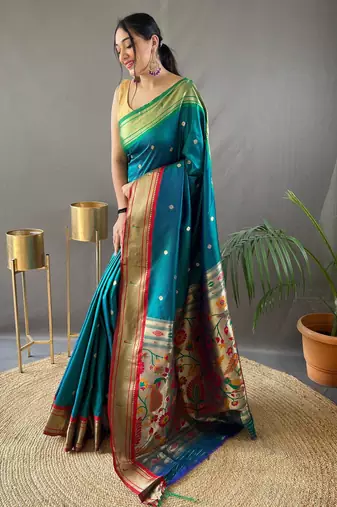 teal paithani saree unstitched