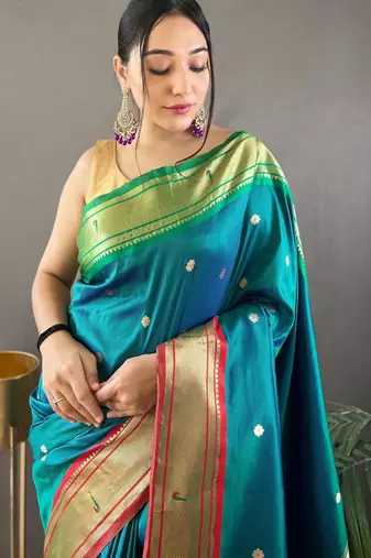teal paithani saree unstitched