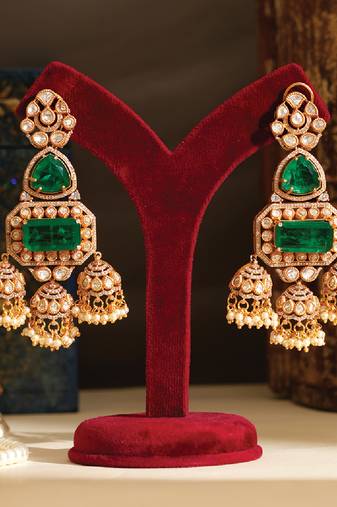 Gold plated green stones jhumkas