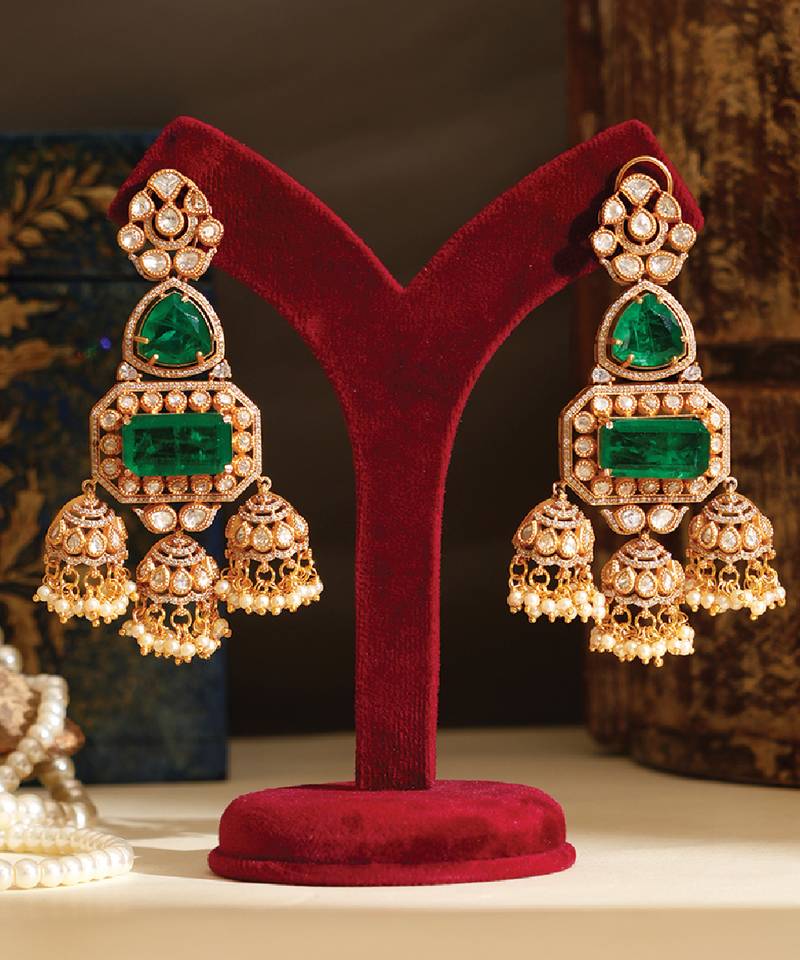 Gold plated green stones jhumkas