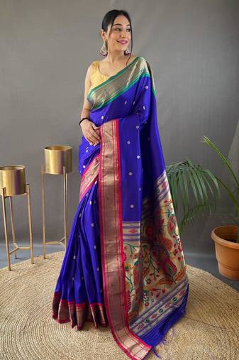 Blue paithani saree with unstitched blouse piece