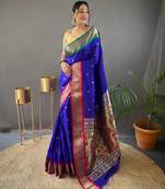 Blue paithani saree with unstitched blouse piece