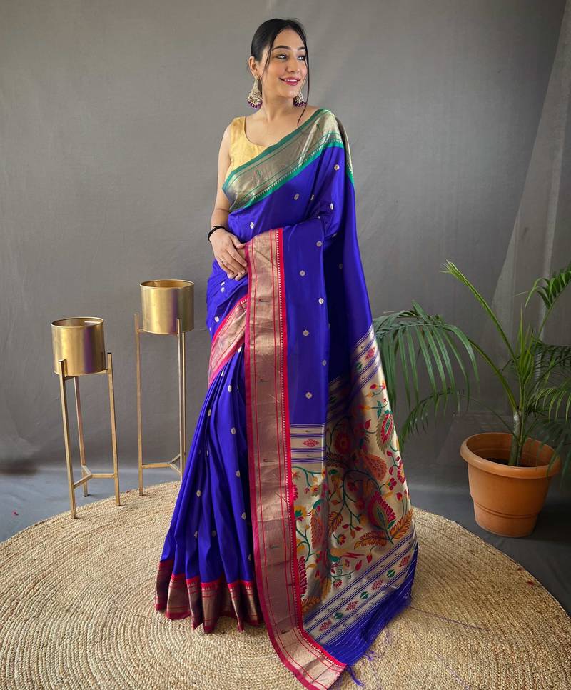 Blue paithani saree with unstitched blouse piece