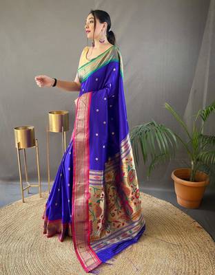 blue paithani saree unstitched blouse piece 2