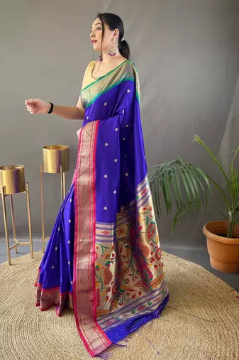 blue paithani saree unstitched blouse piece