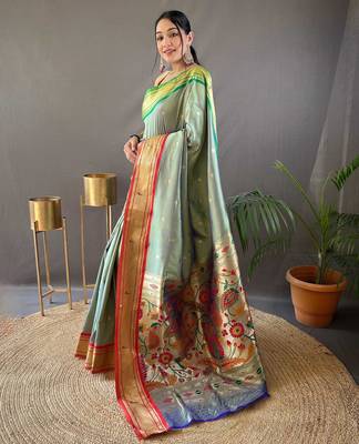light olive paithani saree unstitched blouse piece 1